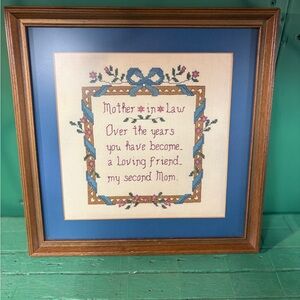 Hand Crafted Blue and Brown Framed Cross Stitch 'Mother in Law'
